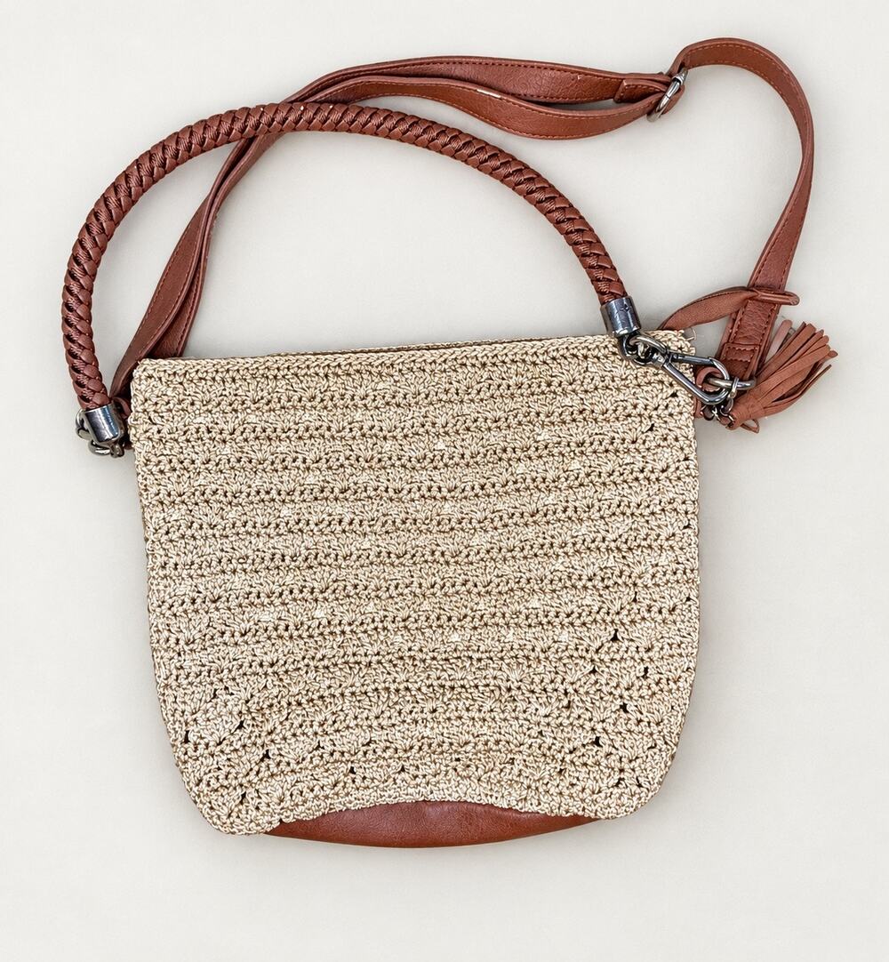 The Sak Fairmont Crochet Shoulder Bag Tan Brown Boho Tassel Purse